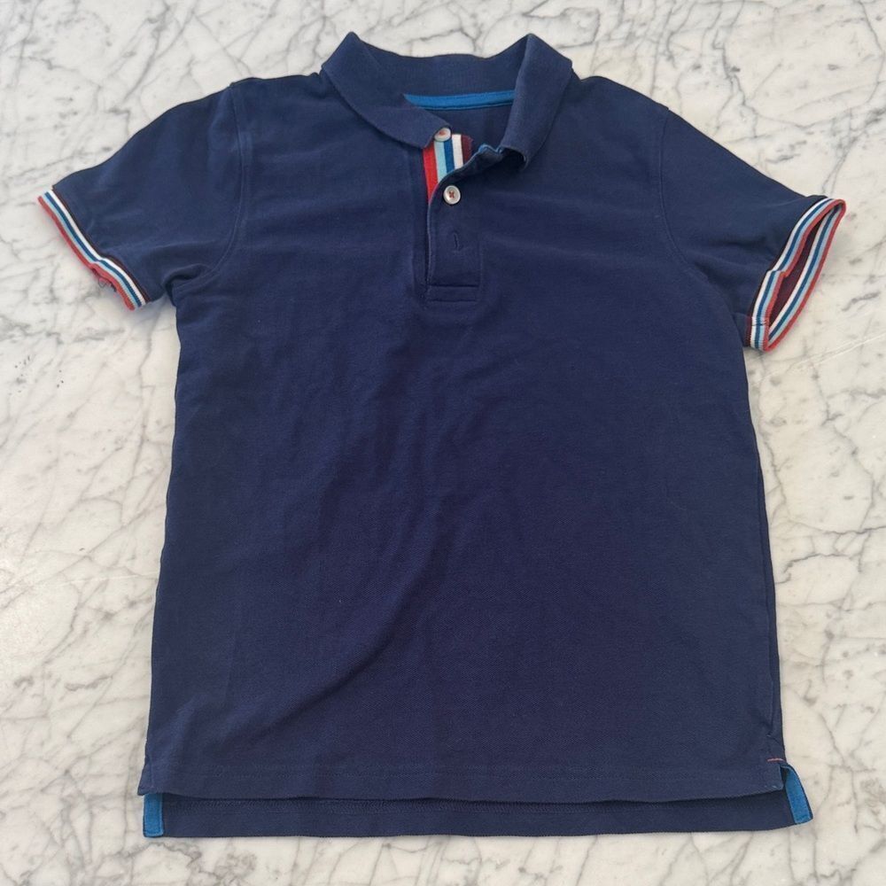 Boden Sz 9/10 Navy Blue Kids Polo Shirt with Striped Accents